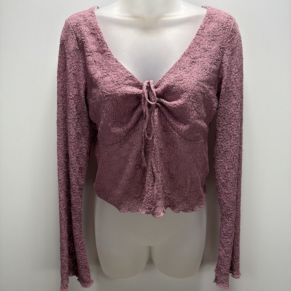 NWT Just Polly New York Purple Mesh Bell Sleeve Ruched Blouse Sz XL